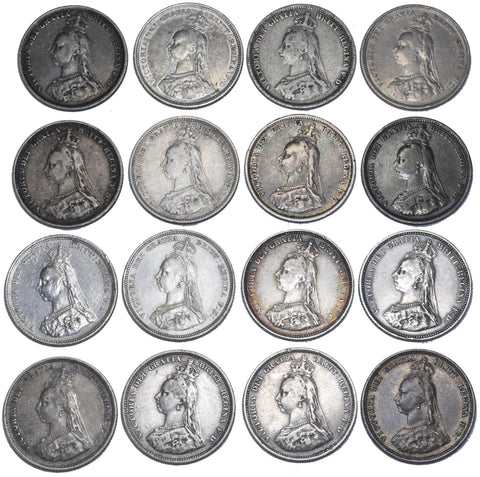 1887 Shillings Lot (16 Coins) - Victoria British Silver Coins