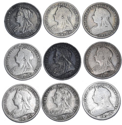 1893 - 1901 Shillings Lot (9 Coins) - Victoria British Silver Coins - Date Run