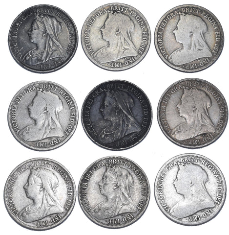 1893 - 1901 Shillings Lot (9 Coins) - Victoria British Silver Coins - Date Run