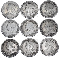 1893 - 1901 Shillings Lot (9 Coins) - Victoria British Silver Coins - Date Run
