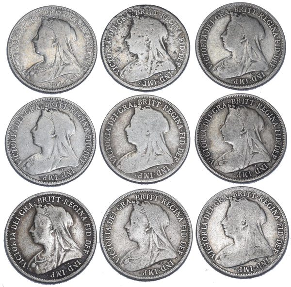 1893 - 1901 Shillings Lot (9 Coins) - Victoria British Silver Coins - Date Run