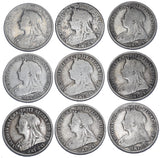 1893 - 1901 Shillings Lot (9 Coins) - Victoria British Silver Coins - Date Run