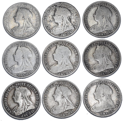 1893 - 1901 Shillings Lot (9 Coins) - Victoria British Silver Coins - Date Run