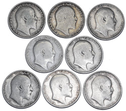 1902 - 1910 Shillings Lot (8 Coins) - Edward VII British Silver Coins