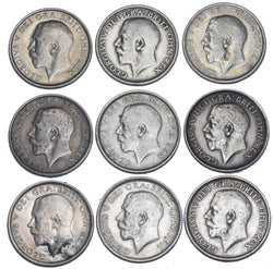 1911 - 1919 Shillings Lot (9 Coins) - George V British Silver Coins - Date Run