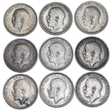 1911 - 1919 Shillings Lot (9 Coins) - George V British Silver Coins - Date Run