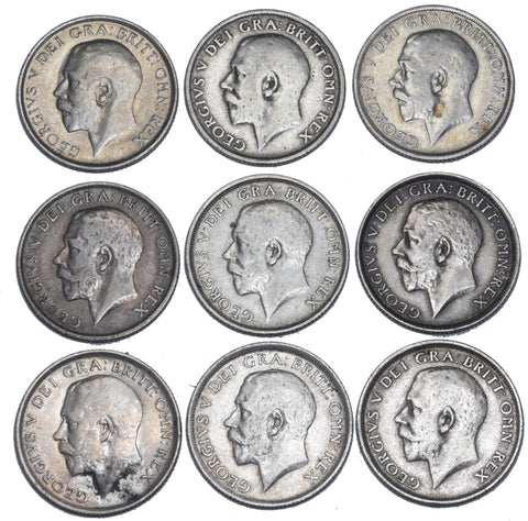 1911 - 1919 Shillings Lot (9 Coins) - George V British Silver Coins - Date Run