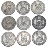 1911 - 1919 Shillings Lot (9 Coins) - George V British Silver Coins - Date Run