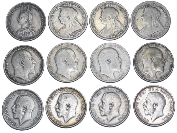 1887 - 1918 Shillings Lot (12 Coins) - British Silver Coins