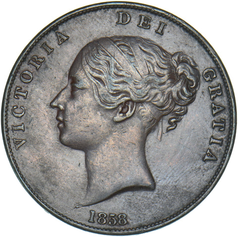 1858 Penny (8 Overstruck) - Victoria British Copper Coin - Nice