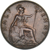 1901 Halfpenny - Victoria British Bronze Coin - Very Nice
