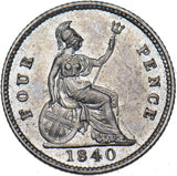 1840 Groat (Fourpence) - Victoria British Silver Coin - Very Nice
