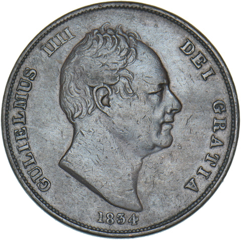 1834 Penny - William IV British Copper Coin - Nice