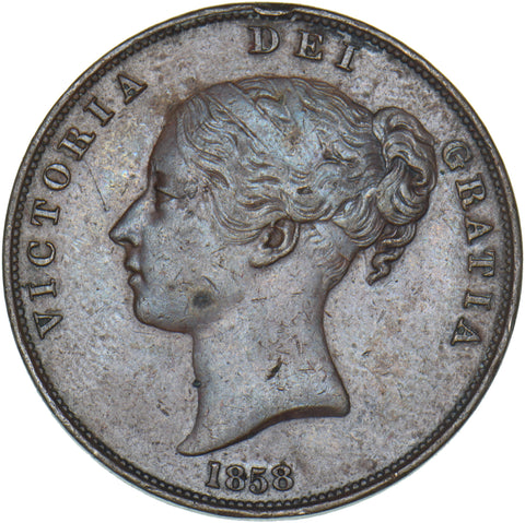 1858 Penny (No WW) - Victoria British Copper Coin - Nice