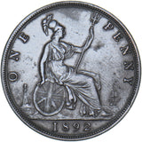 1892 Penny - Victoria British Bronze Coin - Nice