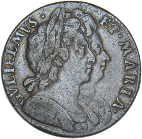 1694 Halfpenny - William & Mary British Copper Coin - Nice