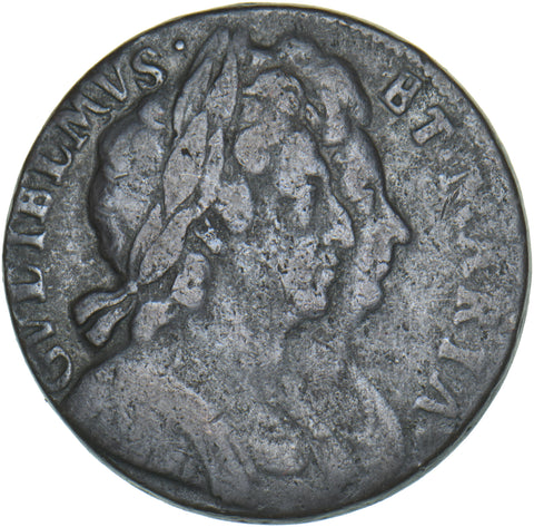 1694 Halfpenny - William & Mary British Copper Coin - Nice