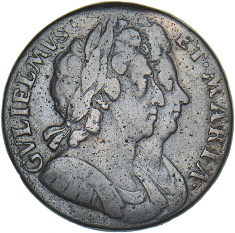 1694 Halfpenny - William & Mary British Copper Coin - Nice