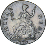 1772 Halfpenny - George III British Copper Coin - Very Nice