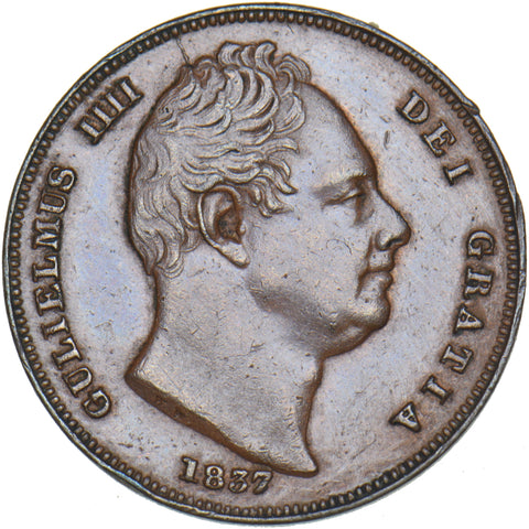 1837 Farthing - William IV British Copper Coin - Very Nice