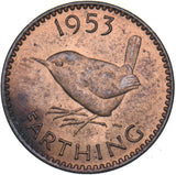1953 Farthing (F661 1+B) - Elizabeth II British Bronze Coin - Very Nice