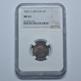 1892 Sixpence (NGC MS 63) - Victoria British Silver Coin - Superb