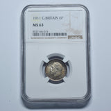 1911 Sixpence (NGC MS 63) - George V British Silver Coin - Superb