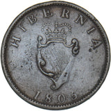 1805 Ireland Halfpenny - George III Copper Coin - Nice