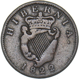 1822 Ireland Halfpenny - George IV Copper Coin
