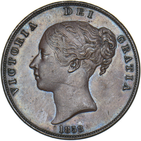 1858 Penny - Victoria British Copper Coin - Very Nice