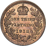 1913 Third Farthing - George V British Bronze Coin - Superb