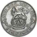 1913 Sixpence - George V British Silver Coin - Nice