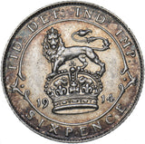 1914 Sixpence - George V British Silver Coin - Very Nice