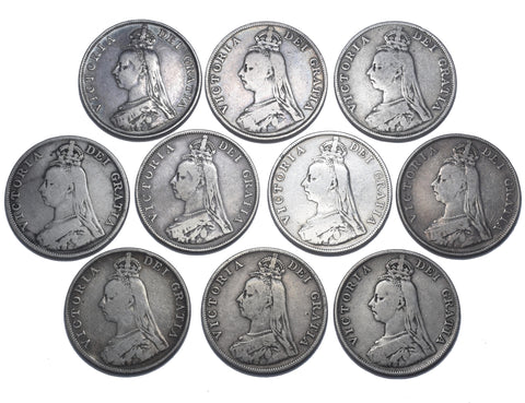 1887 - 1890 Double Florins Lot (10 Coins) - Victoria British Silver Coins