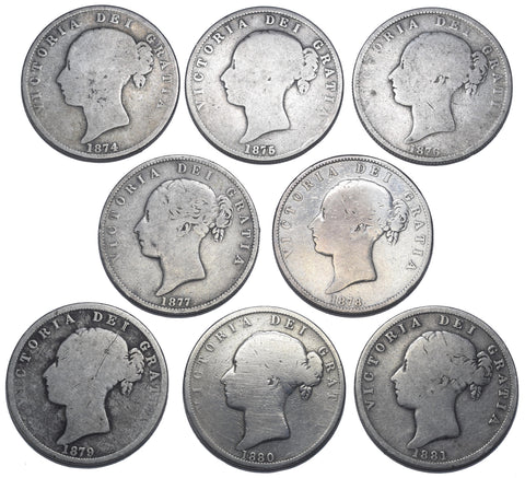 1874 - 1881 Halfcrowns Lot (8 Coins) - Victoria British Silver Coins - Date Run