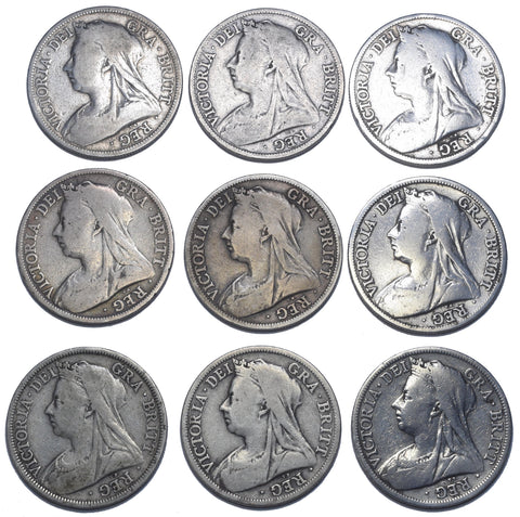 1893 - 1901 Halfcrowns Lot (9 Coins) - Victoria British Silver Coins - Date Run