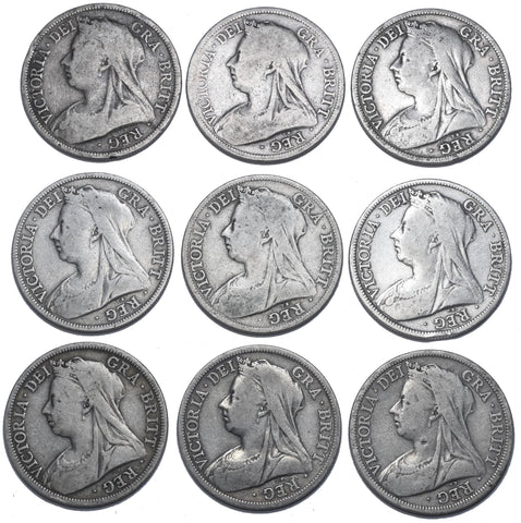 1893 - 1901 Halfcrowns Lot (9 Coins) - Victoria British Silver Coins - Date Run