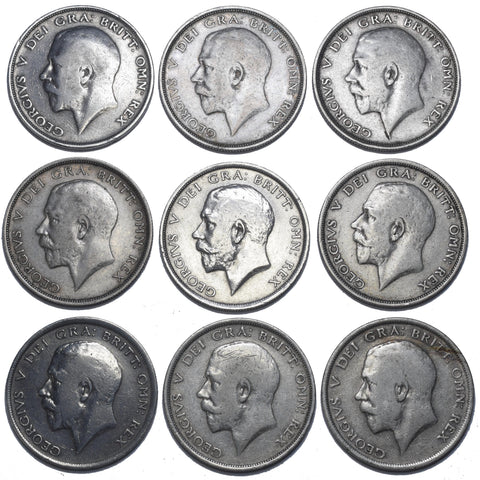 1911 - 1919 Halfcrowns Lot (9 Coins) - George V British Silver Coins - Date Run