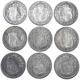 1911 - 1919 Halfcrowns Lot (9 Coins) - George V British Silver Coins - Date Run