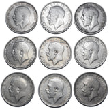 1911 - 1919 Halfcrowns Lot (9 Coins) - George V British Silver Coins - Date Run