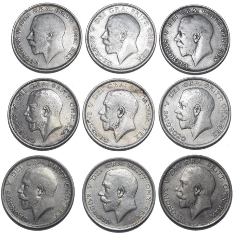 1911 - 1919 Halfcrowns Lot (9 Coins) - George V British Silver Coins - Date Run
