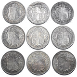 1911 - 1919 Halfcrowns Lot (9 Coins) - George V British Silver Coins - Date Run