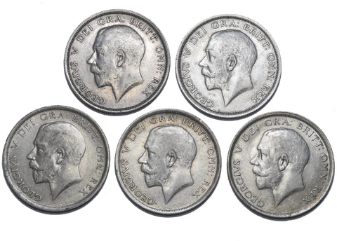 1914 - 1918 Halfcrowns Lot (5 Coins) - George V British Silver Coins - Date Run
