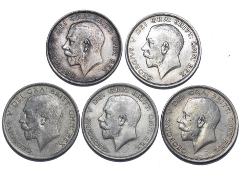 1914 - 1918 Halfcrowns Lot (5 Coins) - George V British Silver Coins - Date Run