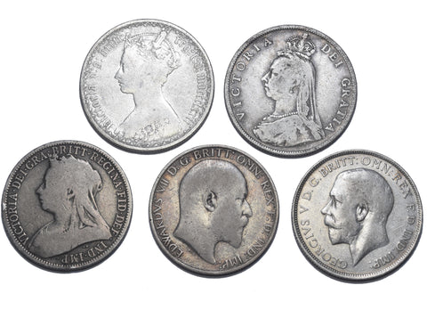 1872 - 1914 Florins Lot (5 Coins) - British Silver Coins - Different Types