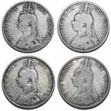 1887 - 1890 Florins Lot (4 Coins) - Victoria British Silver Coins - Date Run