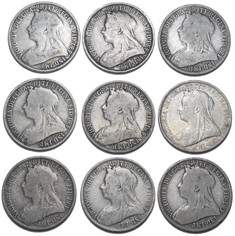 1893 - 1901 Florins Lot (9 Coins) - Victoria British Silver Coins - Date Run