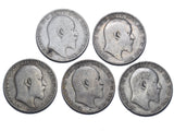 1902 - 1910 Florins Lot (5 Coins) - Edward VII British Silver Coins