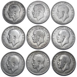 1911 - 1919 Florins Lot (9 Coins) - George V British Silver Coins - Date Run