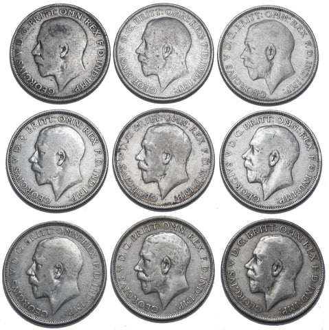 1911 - 1919 Florins Lot (9 Coins) - George V British Silver Coins - Date Run